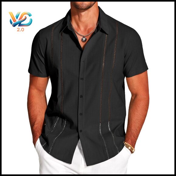 Men's Cuban Guayabera Shirt Short Sleeve Button Down Casual Summer Beach Linen